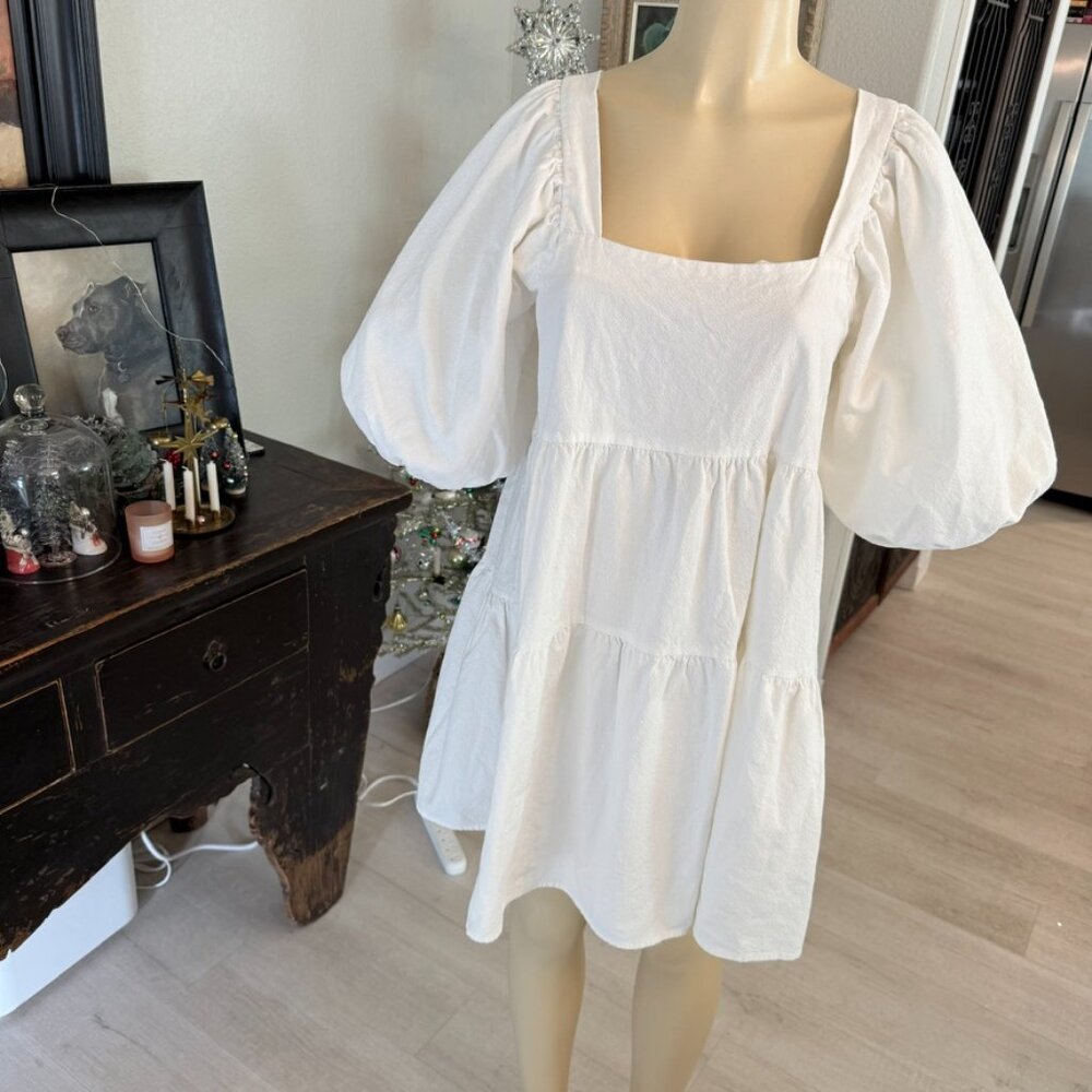 NASTY GAL COLLECTION White Cotton Balloon Sleeve Square Neckline Mini Dr.